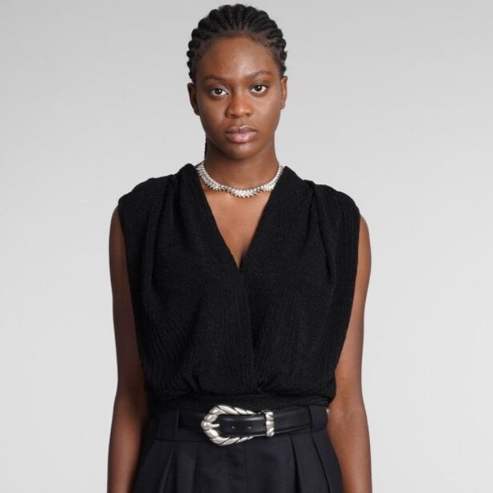 IRO Urapi Metallic-Ribbed Black Sparkly Sleeveless Blouse